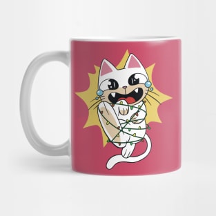 Funny Cartoon Cat Caught in Christmas Lights Mug